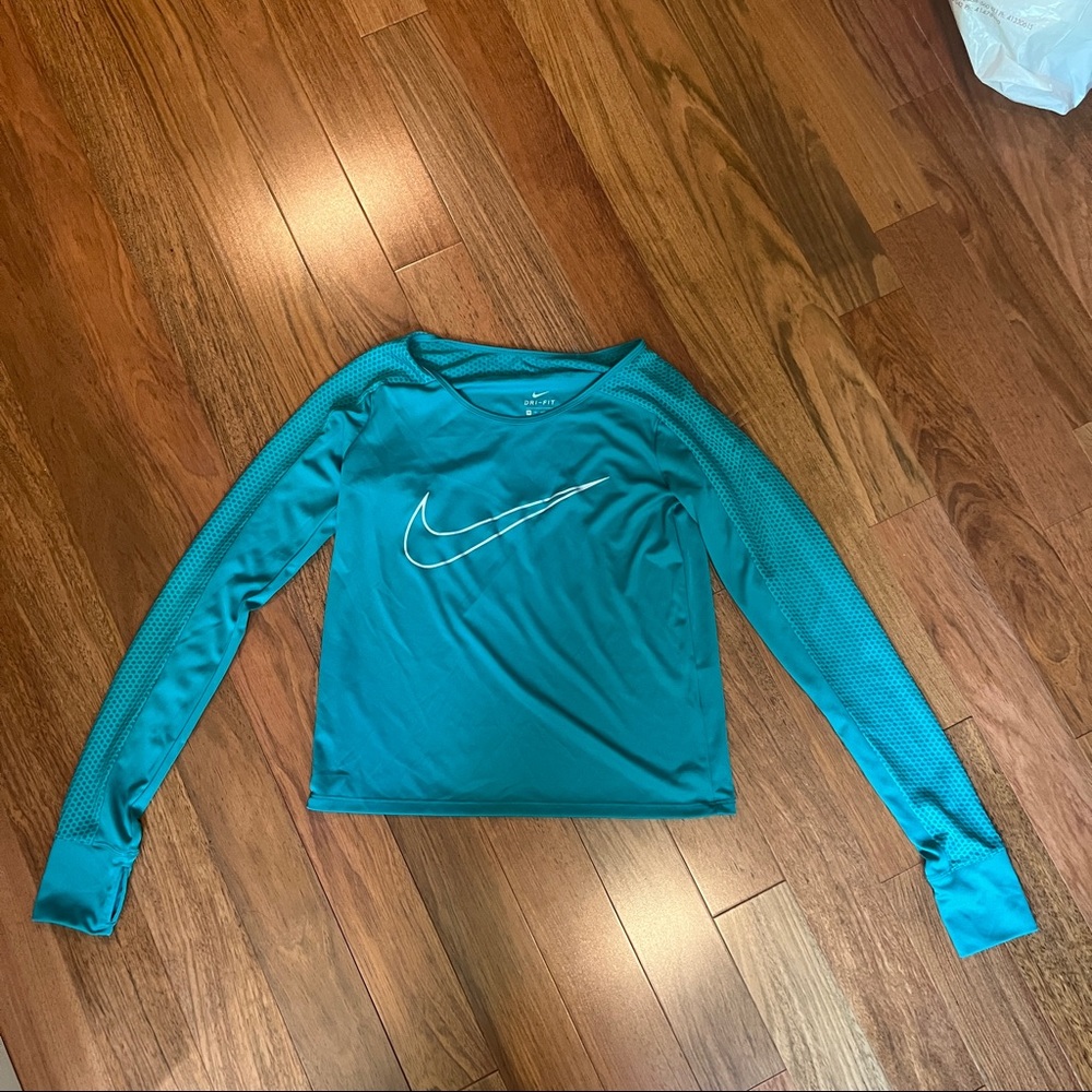 Nike Teal Long Sleeve Running Top in Teal with Thumb Holes - XS